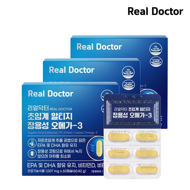 리얼닥터 초임계 알티지 장용성 오메가3 60캡슐 / 저온 초임계 추출 혈행개선 눈건강에 도움 뼈건강에 도움 비타민E 비타민D, 60정, 3개