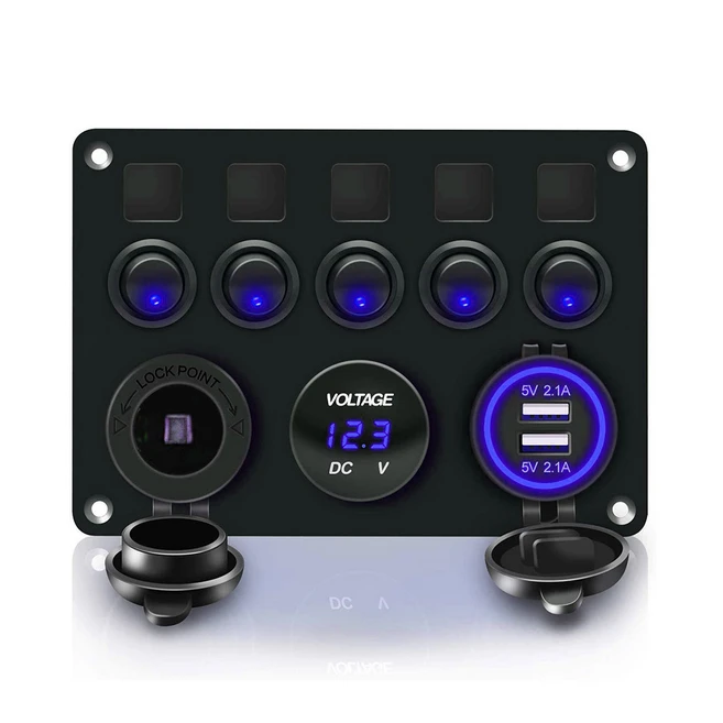 DaierTek 보트 스위치 패널 단추 토글 디지털 전압계 8A 듀얼 USB 포트 12V, Blue LED
