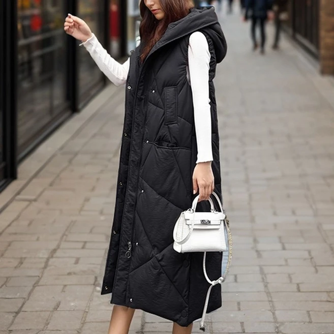 여성 슬림핏 후드 집업 롱 패딩 조끼