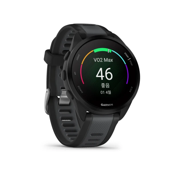 가민 포러너 165 뮤직 러닝 스마트워치, 블랙 + 슬레이트, 43mm, GPS