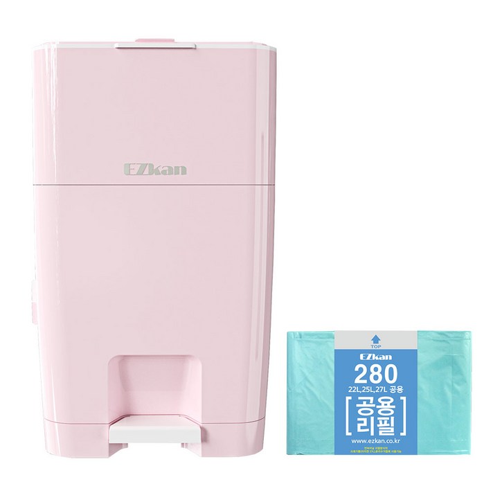 이지캔 4중차단 프리미엄 쓰레기통 27L + 22L 25L 27L 공용 280 리필 봉투 세트, 1세트, 핑크