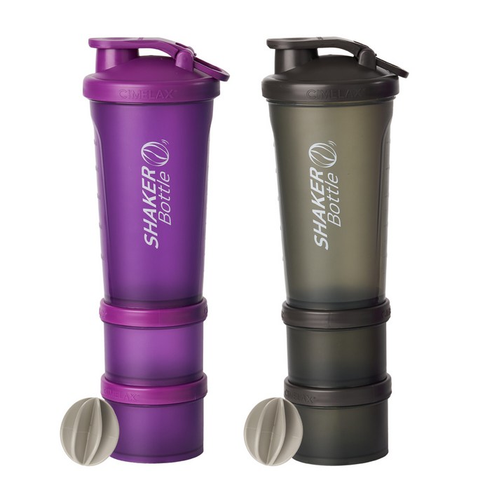 씨밀렉스 헬스 쉐이커보틀 750ml 2종 + 파우더케이스 180ml 2종 x 2p, 퍼플, 블랙
