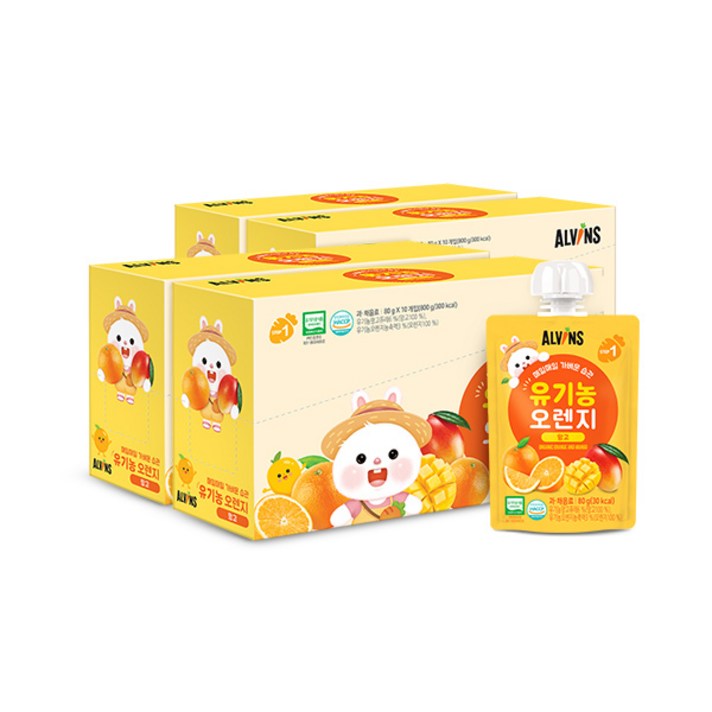 엘빈즈 매일매일 가벼운습관 첫 열대과일 유기농 주스 80g, 오렌지 + 망고 혼합맛, 40개
