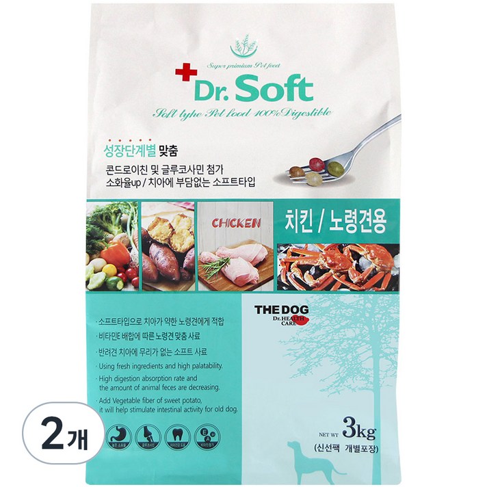닥터소프트 더독 치킨 7세 이상 시니어 노령견용 사료, 닭, 3kg, 2개