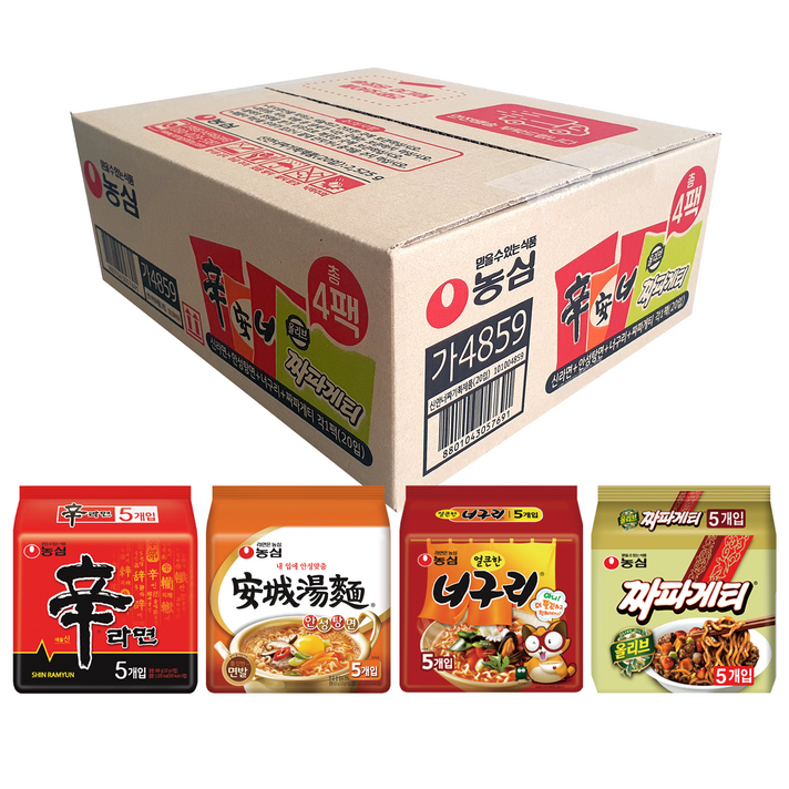 농심 신라면 120g x 5p + 안성탕면 125g x 5p + 얼큰 너구리 120g x 5p + 짜파게티 140g x 5p, 20개입