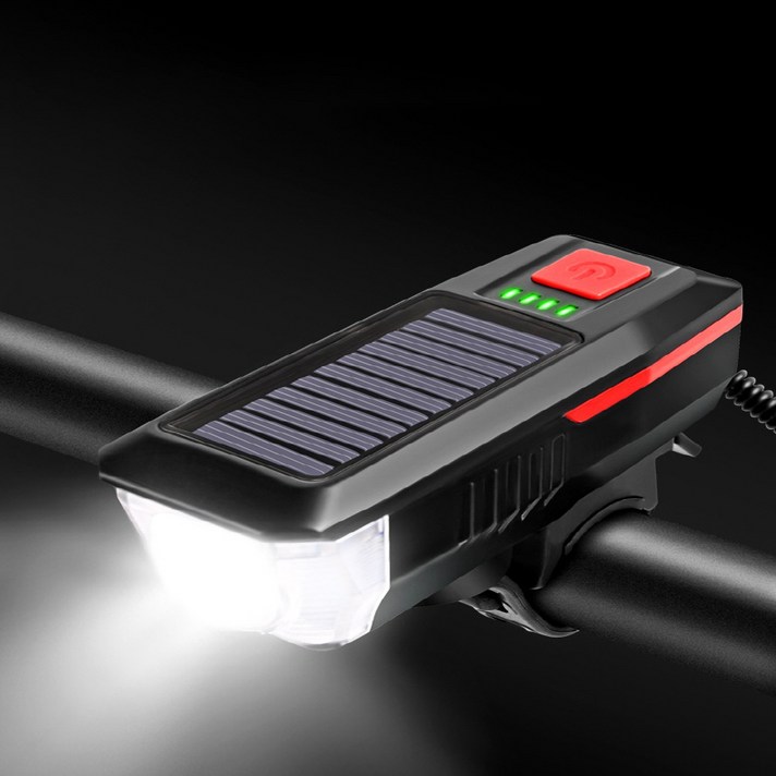 태양광 솔라 USB 충전형 자전거 LED 전조등 라이트 전자벨, 검정, 1개