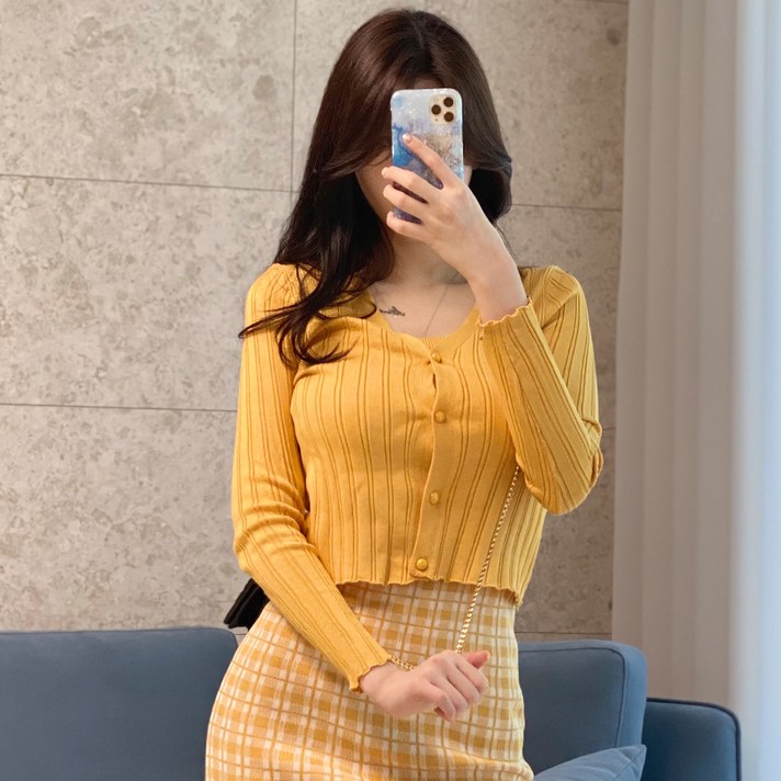 여성용 골지 가디건 + 체크 미니 원피스 세트