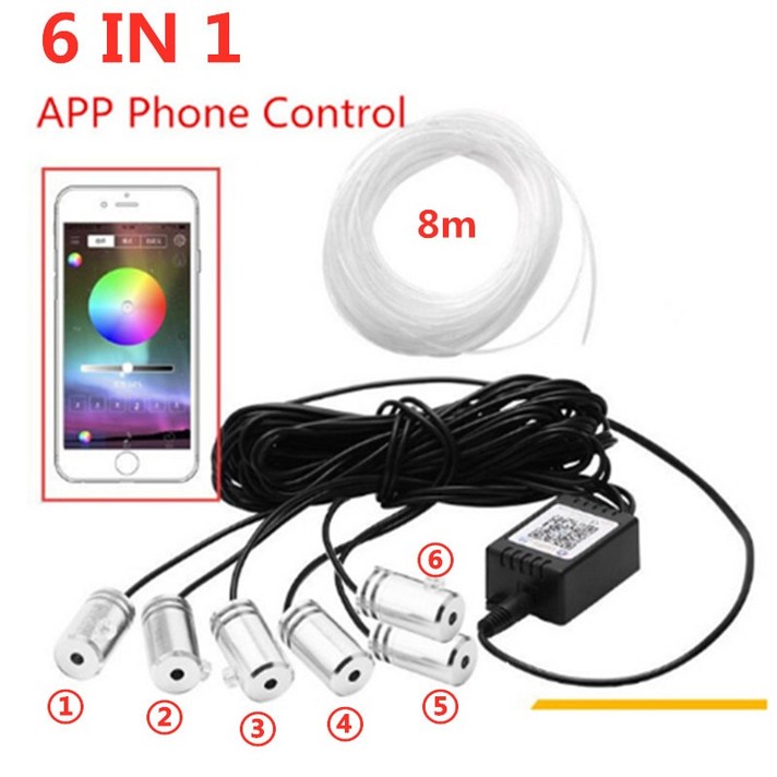 RGB LED 스트립 앰비언트 라이트 APP 자동차 실내 대기용 램프 8color DIY 뮤직 8M 광섬유 밴드 장식, 05 6m line