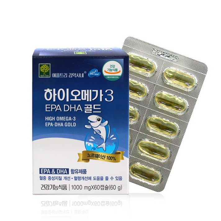 애플트리김약사네 하이오메가3 EPADHA골드 60캡슐 DHA EPA 혈중중성지질개선 혈행건강 고함량 노르웨이산