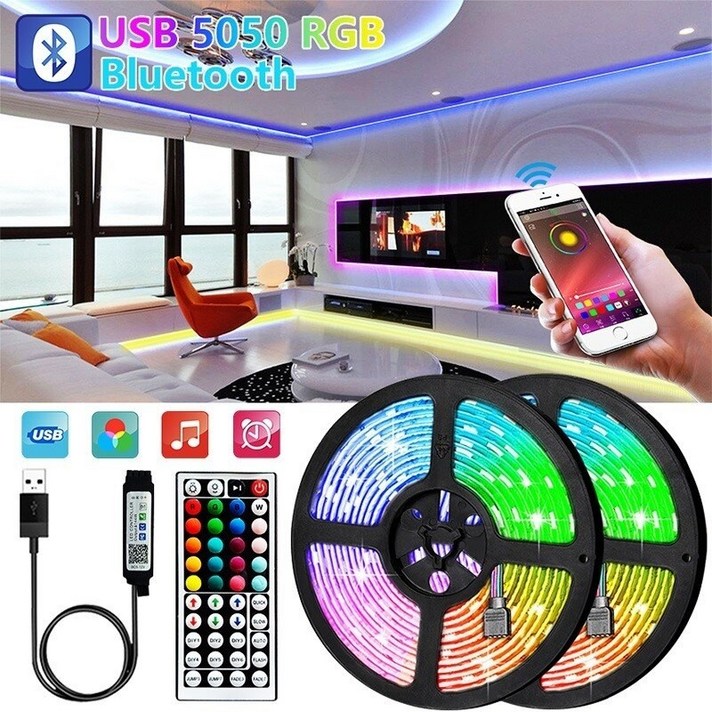 컴퓨터 모니터 USB LED 스트립 라이트 게이밍 데스크탑 백라이트 장식 5050 5V, 44K 컨트롤러, USB 블루투스, 10m