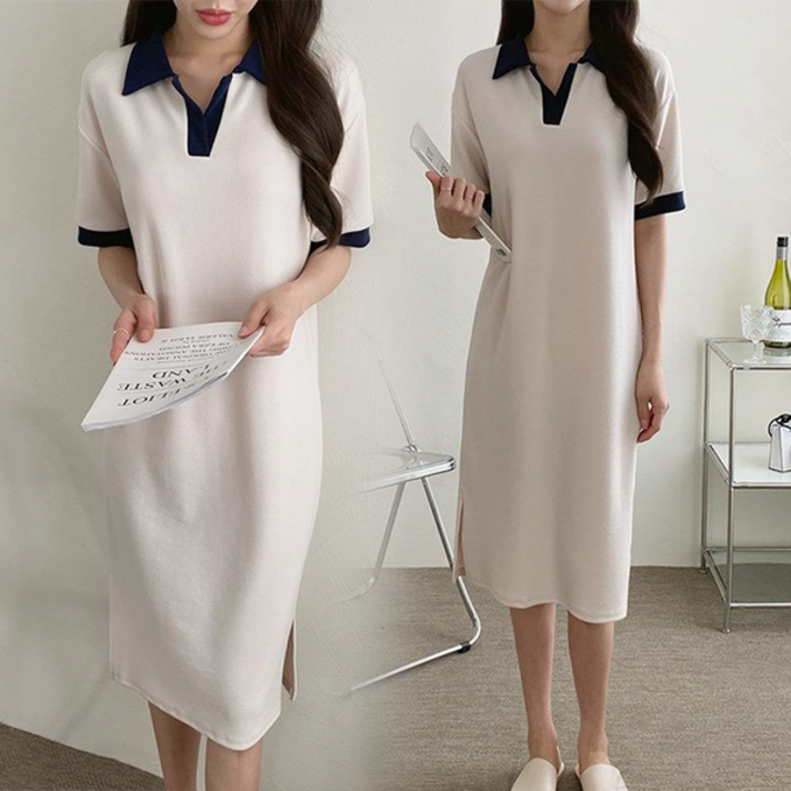 NewCare 여성 롱원피스 배색 카라원피스 h라인 스판 데일리 여름 반팔원피스