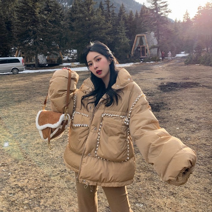 진주 투톤 웰론 숏패딩