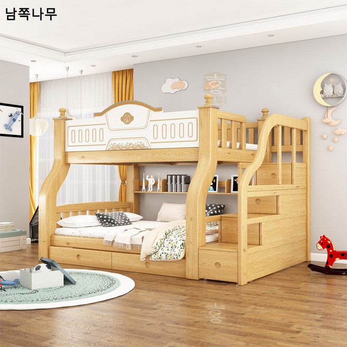 패밀리형 2인용 원목 이층침대 이층침대 학생 -매트리스 포함, 원목사다리장+책꽂이+서랍+매트리스+드릴, 상의140 하의160, 원목색
