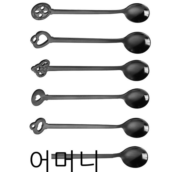 6종 304 스테인리스강 개성 꽃무늬 커피 스푼 창의 디저트 스푼 믹서 양념 스푼 선물 세트, 블랙