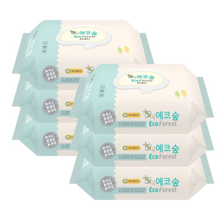 에코숲 베이비물티슈 캡형 엠보싱 60매 X 6팩 (평량 70g)