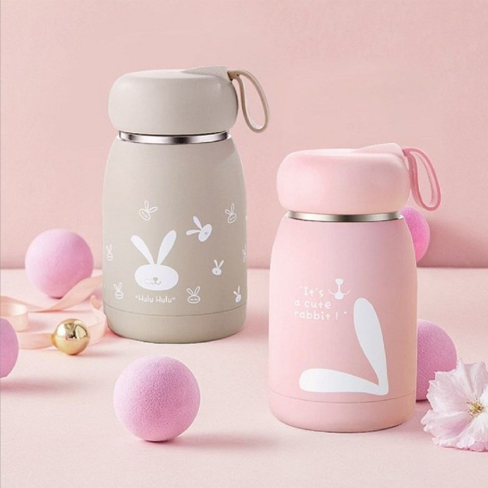 1+1 귀여운 미니 텀블러 보온보냉병, 핑크+베이지, 320ml