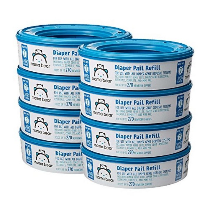 Amazon Brand - Mama Bear Diaper Pail Refills for Diaper Genie Pails 1 Count (Pack of 8)