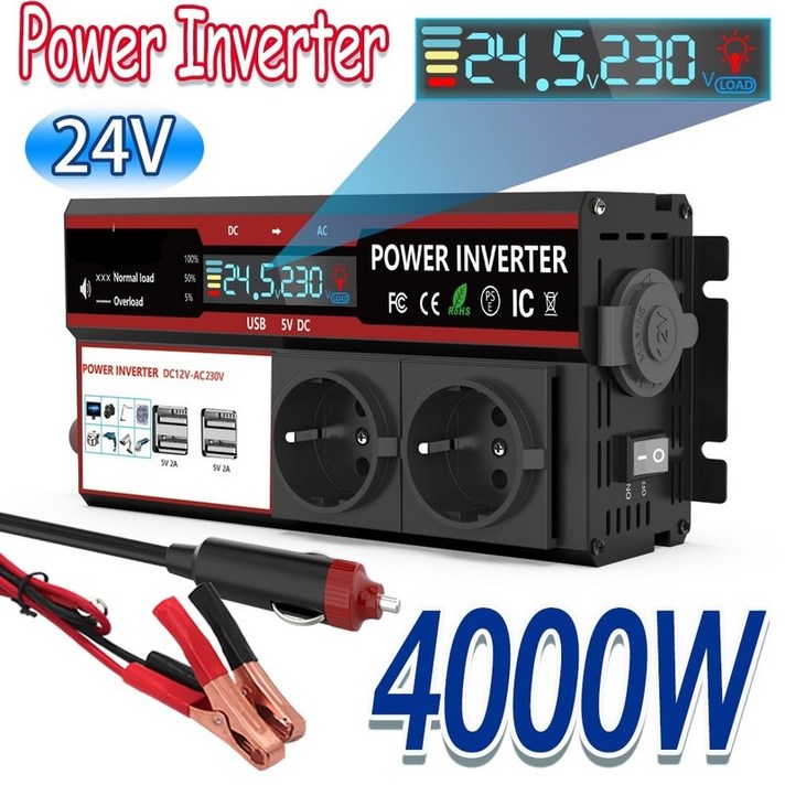 주행충전기 4000W 피크 자동차 변환기 dc ac 전원 인버터 12V 배터리충전기, Red-24V-EU 플러그