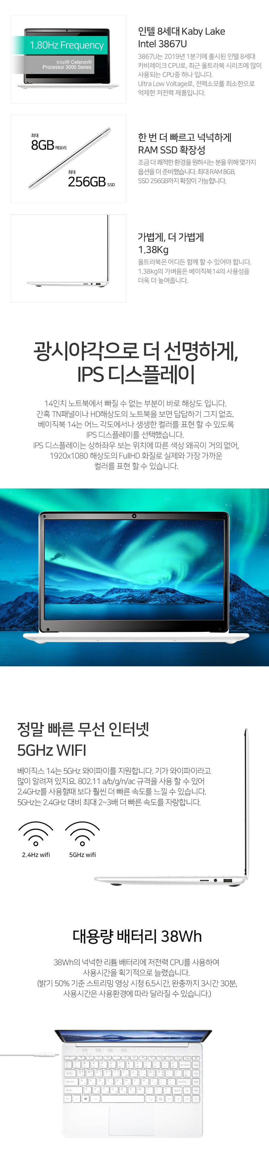 베이직스 14 노트북 화이트 BB1419SS (Celeron 3867U 35.8cm WIN10 Home), 포함, SSD 256GB, 8GB