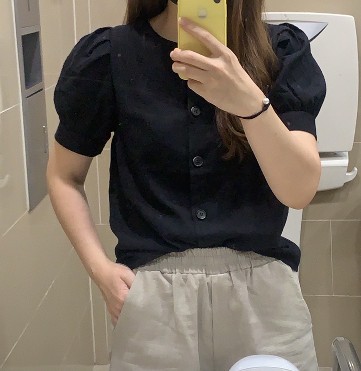 캐럿 오픈 카라 퍼프 소매 반팔 블라우스 리뷰후기