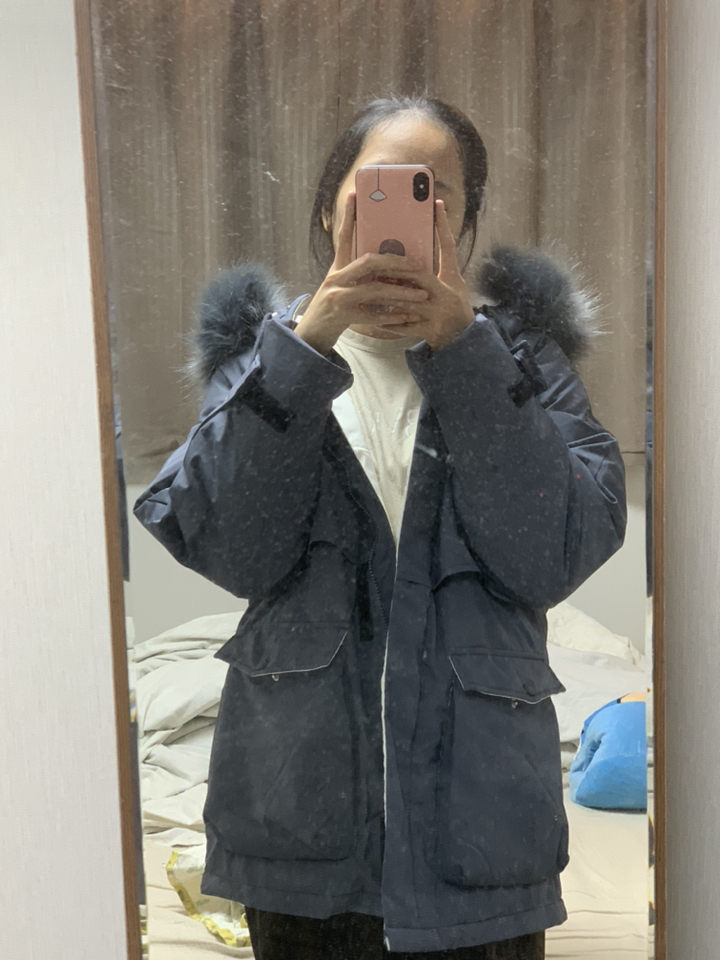헤이슈 누빔 벨크로 하프 패딩 퍼 후드 야상 점퍼 겨울 여성