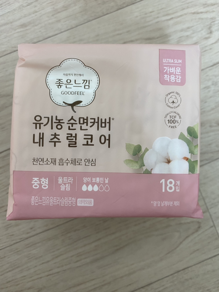 좋은느낌 유기농 순면커버 내추럴코어 울트라 날개 생리대 날개형 중형 대형