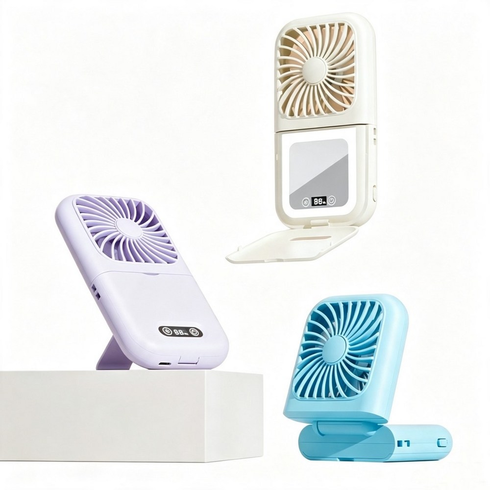 QUZO휴대용 선풍기 미니 접이식 핸디 거울 내장 슬림형 휴대폰 거치대 2000mah, 흰색