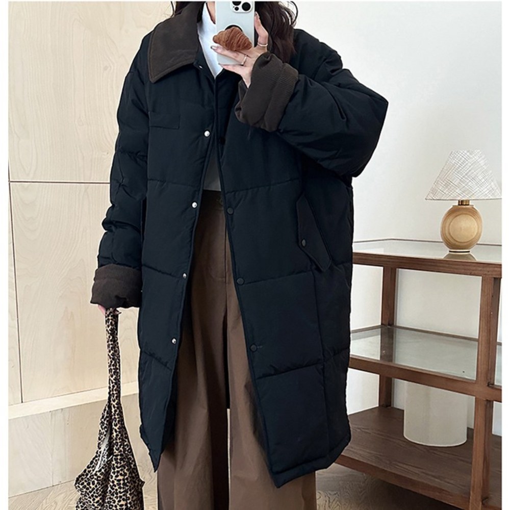 VERIT 스퀘어퀼팅 코듀로이 카라 롱점퍼 하프패딩 VT225