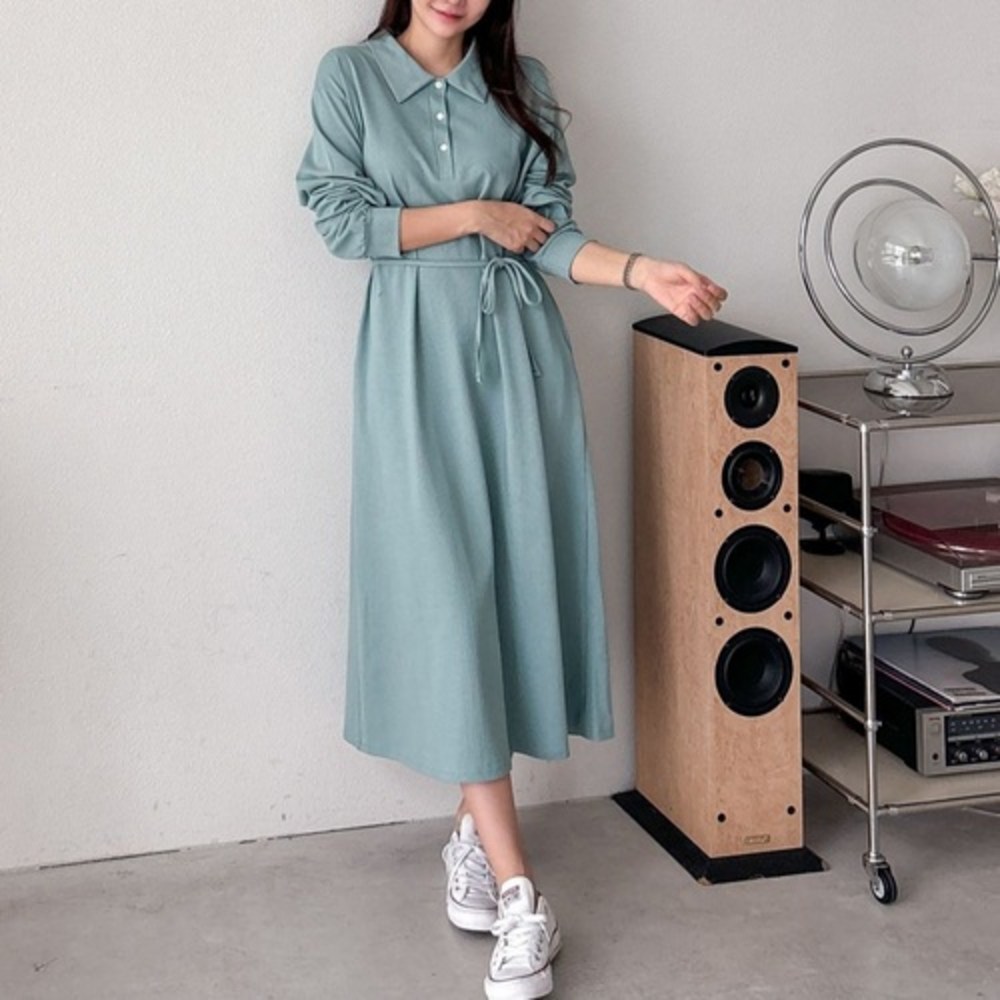 가을, 우아함을 더하는 롱 끈벨트 카라 원피스 (44-77)