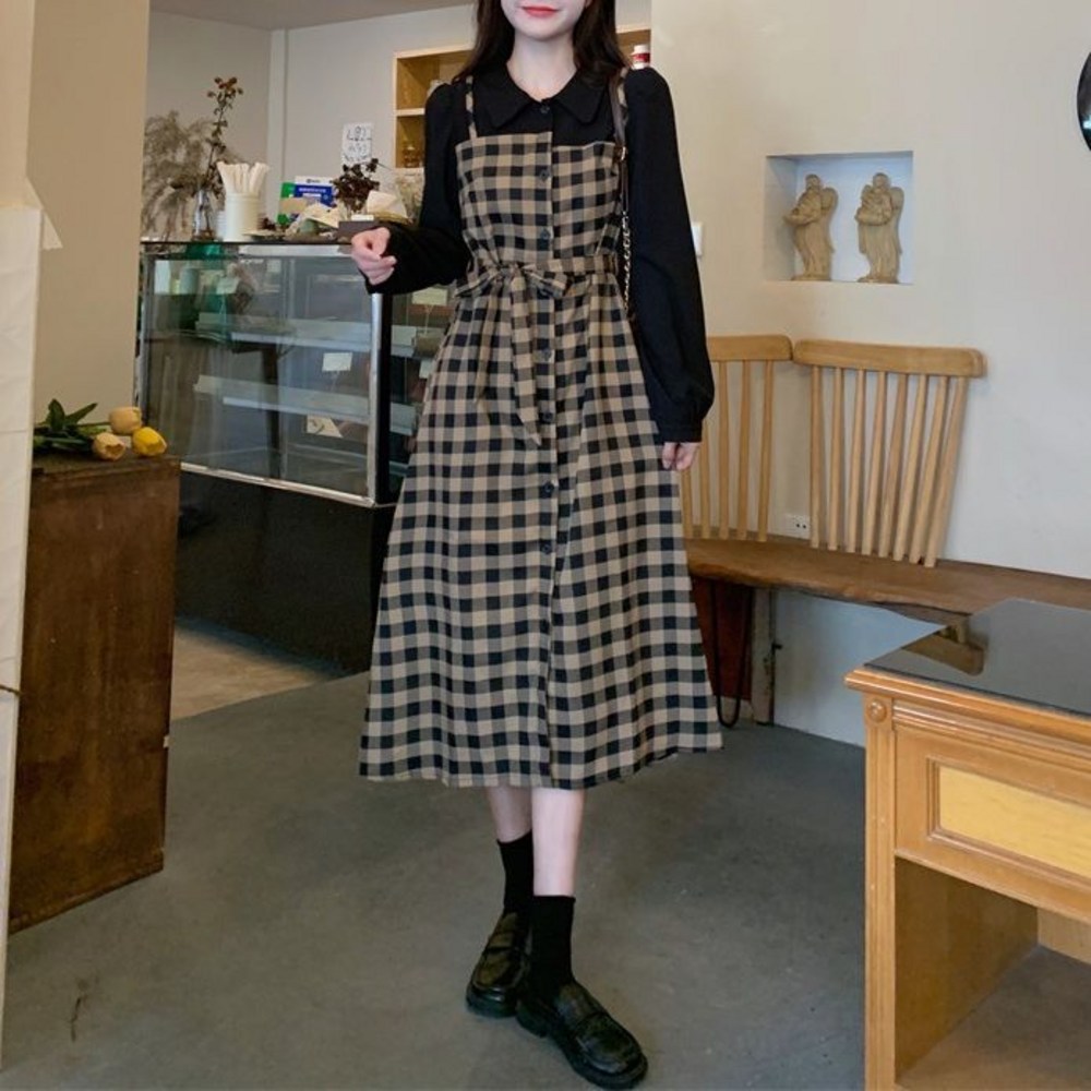 ANYOU 빈티지 체크 원피스, 가을 스타일 완성!