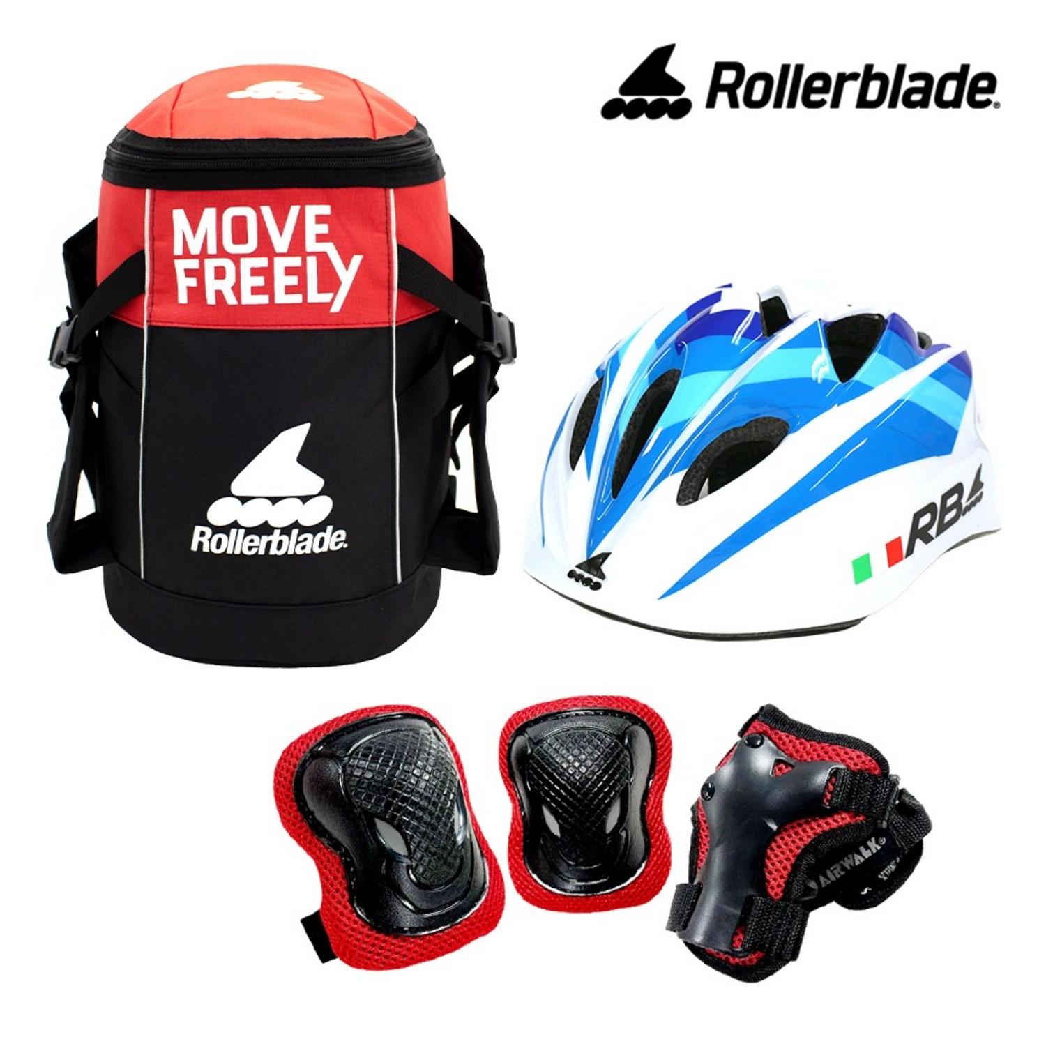 롤러블레이드 아동 인라인 자전거 보호장구 세트 / 인라인 가방+헬멧+보호대, 가방_핑크블루/헬멧_민트:보호대_블루S
