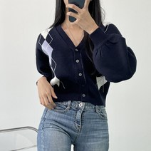 오오엘 여성용 볼륨소매 퍼프 체크 아가일 펌킨 가디건