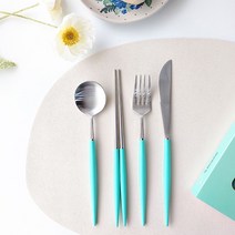 보겐 에펠 1인 커트러리 세트, 헤드(실버) + 손잡이(민트), 디너스푼 + 젓가락 + 포크 + 나이프