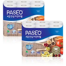 파세오 4겹 안심 천연펄프 키친타월 100매, 6롤, 2팩