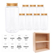 홈앤라이프 투명 원형 PET 양념통 알루미늄 골드 캡 350ml x 8p + 투명 스티커 8p + 사각 선반 세트, 1세트, 양념통 원형 8p + 투명 스티커 8종 + 사각 2단 선반