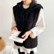 아모르데이 여성용 뽀글 덤블 클스 부클 니트 베스트 + 탈부착 후드 세트