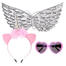 리빙다 스펀지 천사 날개 + 유니콘 머리띠 + 하트 모양 안경, 실버, 1세트