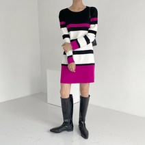 비비에모 라운드넥 스트라이프 니트 롱 티 미니 원피스 00472