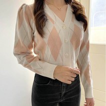 플랜데이 여성용 쥬얼리 보석 퍼프 아가일패턴 가디건