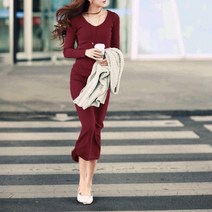 비비에모 컬러 골지 니트 롱 원피스 + 브로치 00793