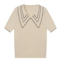 여성용 빅 카라넥 골지 반팔니트