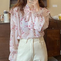 페이퍼먼츠 프릴 리본 플라워 타이 셔링 블라우스 01604