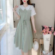 페이퍼먼츠 스트라이프 카라 배색 허리 주름 원피스 01789
