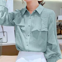 풍깍쟁이 여성용 웨이브 플라워 쉬폰 긴팔 셔츠