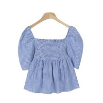 시크블랙 이레퓨 체크 스모크 반팔 블라우스 BL4629K25