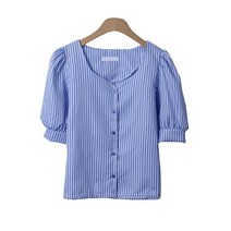 시크블랙 로오힌 스트라이프 라운드넥 퍼프 반팔 블라우스 BL4685K26