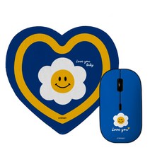 트라이코지 스마일데이지 무소음 휴대용 무선 마우스 + 하트 마우스패드 세트, 블루, W-5000(마우스)