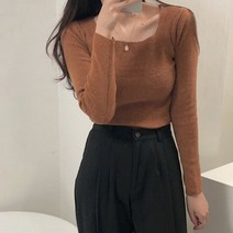 체리체리 여성용 심플 스퀘어넥 가을 니트