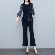 아뗄릭 언발 패턴 블라우스 부츠컷 팬츠 투피스 세트 01183