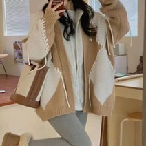 메이첼 여성용 루즈핏 아가일 뜨개 이중 후드 집업 가디건 01355